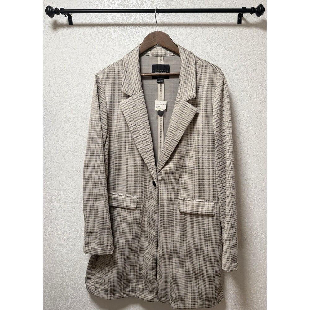 Sanctuary Women’s XXL Plaid Longline Blazer Jacket Beige Gray Tailored